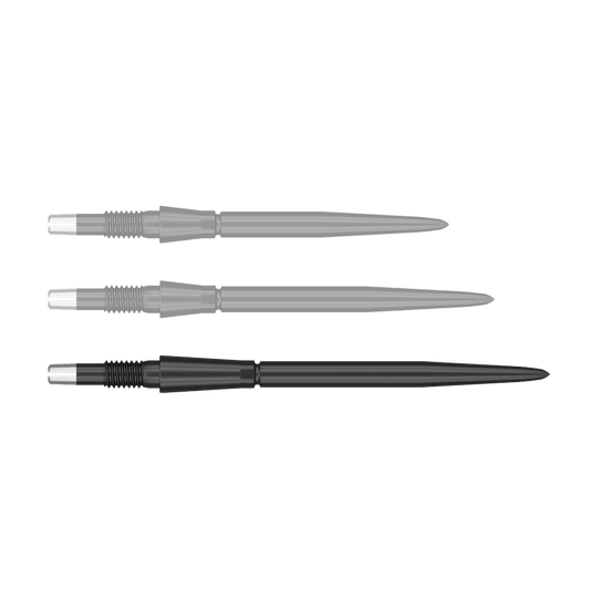 Końcówki do lotek Target Swiss Storm Point - czarne Das Bild zeigt drei schwarze Dartspitzen mit silbernen Enden. Sie sind nebeneinander in einer horizontalen Reihe angeordnet.