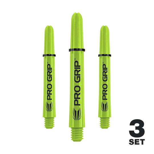 Target Pro Grip Shafts - 3 Sets - Lime Green Das Bild zeigt drei limegrüne Pro Grip Shafts für Darts. In der rechten unteren Ecke steht "3 SET".