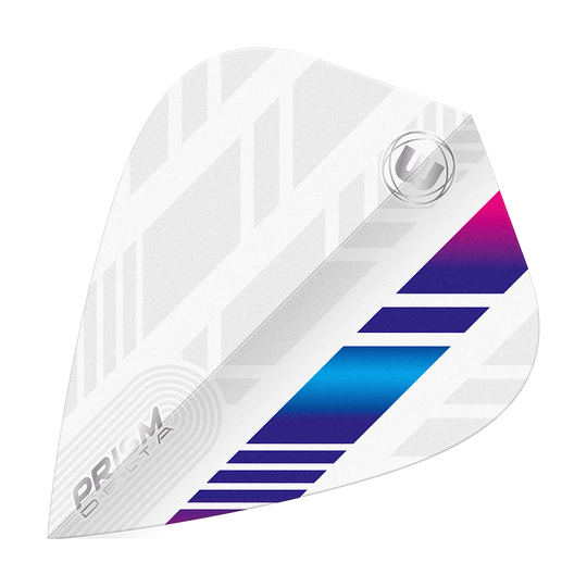 Winmau Delta White Blue Purple Kite Flights Das Bild zeigt ein weißes Dart-Flight mit blauen und violetten Akzenten. Das Design ist modern mit geometrischen Mustern und trägt die Aufschrift „PRISM DELTA“.