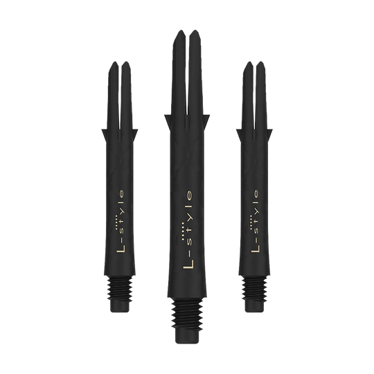 L-Style Carbon Shafts 260 Das Bild zeigt drei schwarze Dartschäfte aus Carbon der Marke L-style. Die Schäfte sind ohne Kappen und haben eine Länge von 39 mm.