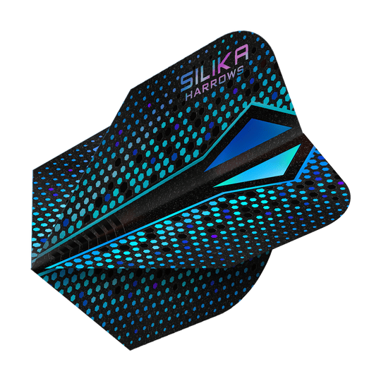 Plumas Harrows Silika Colorshift con revestimiento cristalino resistente Blue-X No6 Das Bild zeigt einen Harrows Silika Colourshift Tough Crystalline Coating Blue-X No6 Flight. Das Dart-Flight hat ein schwarzes Design mit blauen und türkisfarbenen Punkten und geometrischen Mustern.
