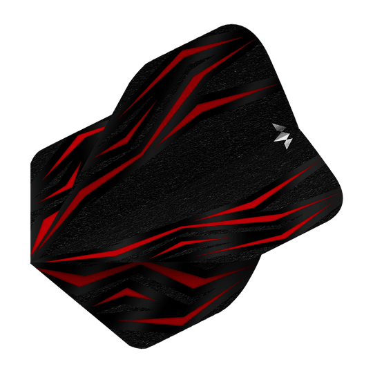 Voli standard Mission Lava Red No2 Das Bild zeigt einen Mission Lava Red No2 Standard Flight für Darts. Das Design ist überwiegend schwarz mit auffälligen roten Linien und einem kleinen weißen Logo.