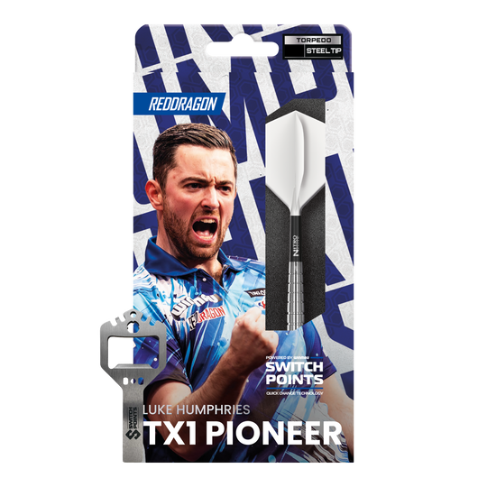 Red Dragon Luke Humphries TX1 Pioneer Switch Point Steeldarts Gezeigt werden die Red Dragon Luke Humphries TX1 Pioneer Switch Point Steeldarts. Das Produkt ist für anspruchsvolle Dartspieler gedacht.