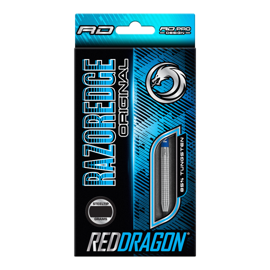 Red Dragon Razor Edge Original Steeldarts Die Verpackung zeigt die "Red Dragon Razor Edge Original Steeldarts" mit einem Gewicht von 24 Gramm. Das Design ist blau-schwarz und hebt hervor, dass die Darts aus 95 % Tungsten bestehen.