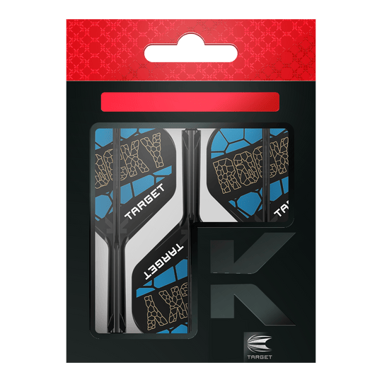 Systém standardní letové hřídele Target K-Flex Josh Rock No2 Das Bild zeigt das Produkt "Target K-Flex Josh Rock No2 Standard Flight-Shaft-System" in seiner Verpackung. Die Flights sind schwarz, blau und weiß gestaltet und tragen den Schriftzug "ROCKY" sowie "TARGET".