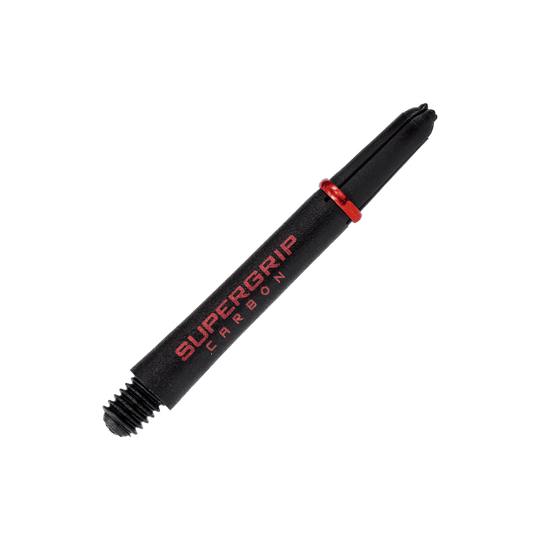 HR358_Harrows_Supergrip_Carbon_Shafts_Rot_40mm_2 Das Bild zeigt einen Harrows Supergrip Carbon Shaft in Rot. Der Schaft ist schwarz mit rotem Schriftzug und einem roten Ring gestaltet.