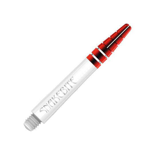 C803_Red_Dragon_Nitrotech_Peter_Wright_White_Red_Shafts_39mm_2 Das Bild zeigt einen roten Dart-Schaft von Red Dragon mit der Aufschrift "Snakebite". Der Schaft ist teils transparent, teils rot gefärbt und misst 39 mm.