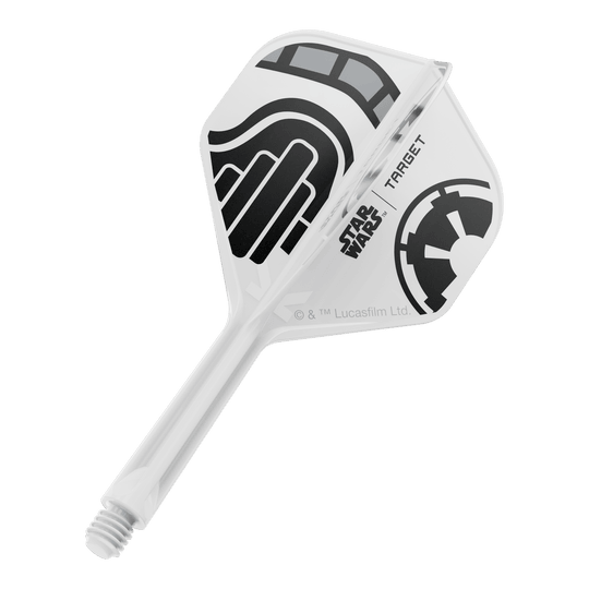 Cel Star Wars K-Flex Stormtrooper No2 Standard Flights Das Bild zeigt einen einzelnen Dart-Flight aus der Star Wars KFlex Stormtrooper Serie. Der Flight ist in der Standardgröße und hat eine Länge von 26 mm.