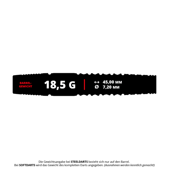 Das Produkt "Target Japan Black Marque Warrior Softdarts" wiegt 18,5 Gramm. Der Barrel ist 45,00 mm lang und hat einen Durchmesser von 7,20 mm.