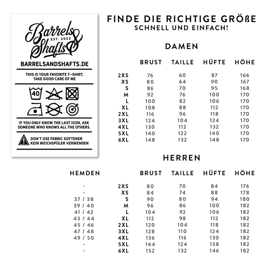 Tričko Barrels and Shafts - Černé Das Bild zeigt eine Größentabelle für das "Barrels and Shafts T-Shirt - Schwarz" für Damen und Herren. Auf der linken Seite sind außerdem Pflegehinweise für das T-Shirt abgebildet.