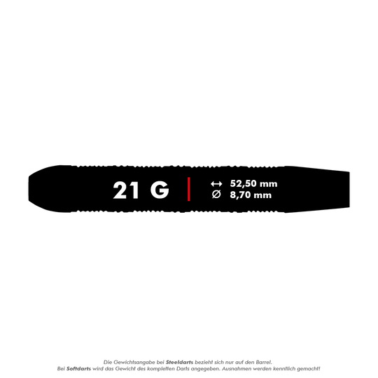 Steeldarts Unicorn Top Brass V3 - 21g Das Bild zeigt die Produktinformationen für die Unicorn Top Brass V3 Steeldarts mit einem Gewicht von 21 Gramm. Die Darts haben eine Länge von 52,50 mm und einen Durchmesser von 8,70 mm.