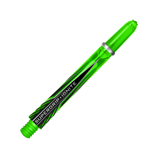 HR391_Harrows_Supergrip_Ignite_Shafts_Gr-n_47mm_2 Das Bild zeigt einen grünen Harrows Supergrip Ignite Shaft für Dartpfeile. Auf dem Schaft steht der Schriftzug "SUPERGRIP IGNITE".