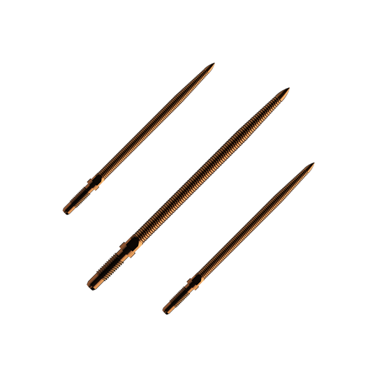 Abgebildet ist ein Satz Dartspitzen mit MicroGrip in Bronze. Die Spitzen sind 36mm lang.