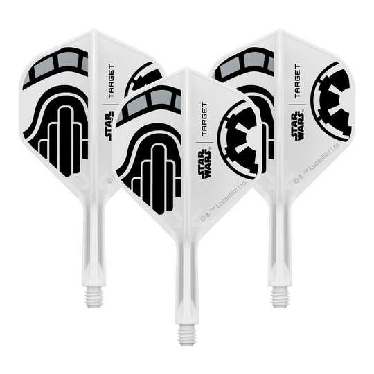 Abgebildet ist ein Set kurzer Dartflügel mit dem Namen 'Stormtrooper No2 Standard Flights Short 19mm 1Set'. Das Produkt eignet sich für Dartspieler, die besondere Designs mögen.