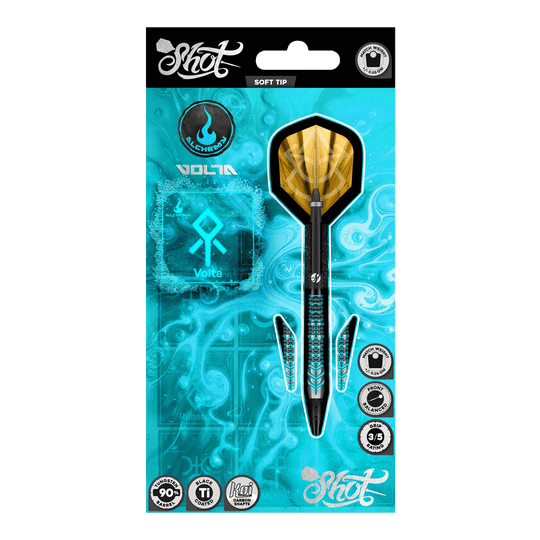 Měkké šipky Shot Alchemy Volta - 20g Abgebildet sind die Shot Alchemy Volta Softdarts - 20g aus einer detaillierten Ansicht. Diese Softdarts eignen sich gut für das Dartspiel.