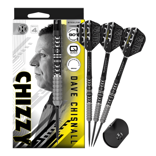 Abgebildet sind die Harrows Dave Chisnall Chizzy Series 4 Quick Point Steeldarts in der Vollansicht. Diese Steeldarts bieten hohe Qualität und ein ansprechendes Design.