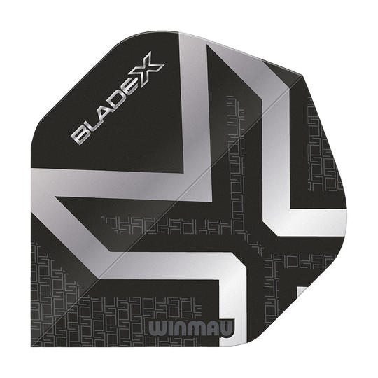 Dies ist ein Winmau Prism Delta Blade X Metallic Silver No2 Standard Flight. Das Bild zeigt das Produkt in silberner Farbe.