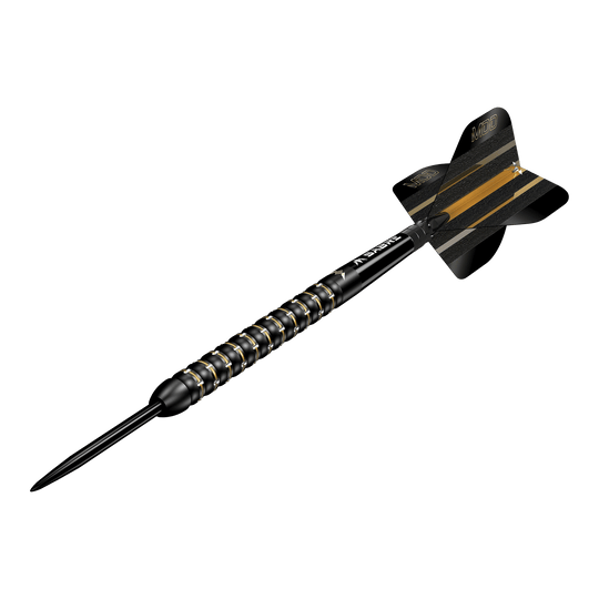 Dies ist ein Steeldartpfeil des Modells "Mission Mike De Decker MDD Black Gold". Der Pfeil ist schwarz mit goldenen Akzenten und hat eine strukturierte Griffzone.