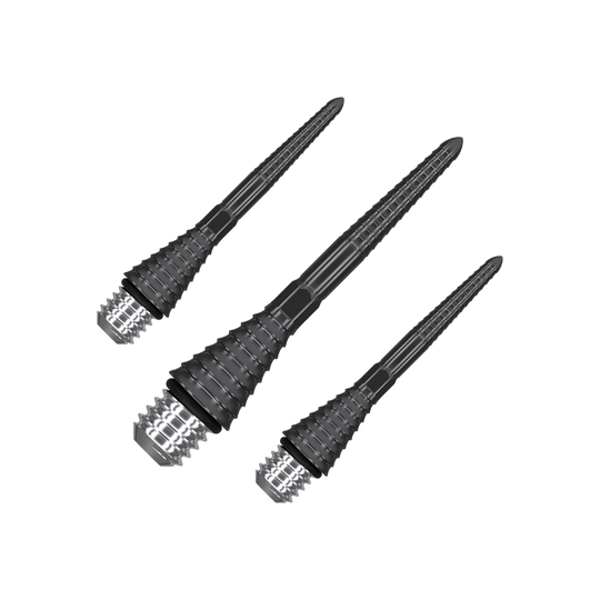 380172_Target_Titanium_Swiss_Point_Grooved_Conversion_Points_Schwarz_26mm_1 Das Bild zeigt drei schwarze, gerillte Swiss Point Conversion Points von Target. Sie sind speziell geformte Spitzen für Dartpfeile.