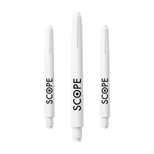 527_McDart_Scope_Nylon_Shafts_Weiss_48mm_1PBwnIwAzV1inH Das Bild zeigt drei weiße McDart Scope Nylon Shafts. Auf jedem Shaft steht das Wort "SCOPE" in schwarzer Schrift.