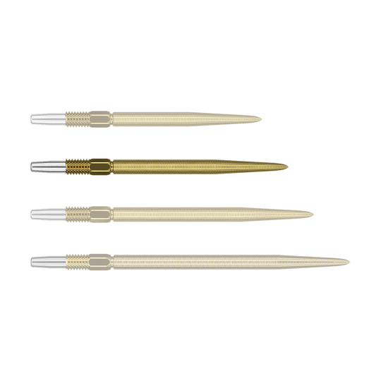 Puntas para dardos Target Swiss Point Nano - Oro Das Bild zeigt vier goldene Dartspitzen mit silbernem Befestigungsende, die nebeneinander liegen. Die Spitzen sind gleich lang und haben eine feine Riffelung entlang der gesamten Länge.