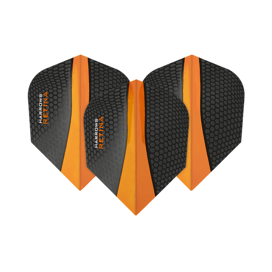 HR66_Harrows_Retina_Orange_No2_Standard_Flights_1BRntA8QXQ33xV Das Bild zeigt drei Harrows Retina Orange No6 Flights für Dartpfeile. Sie sind in Schwarz und Orange gestaltet, mit einer wabenartigen Textur auf der Oberfläche.