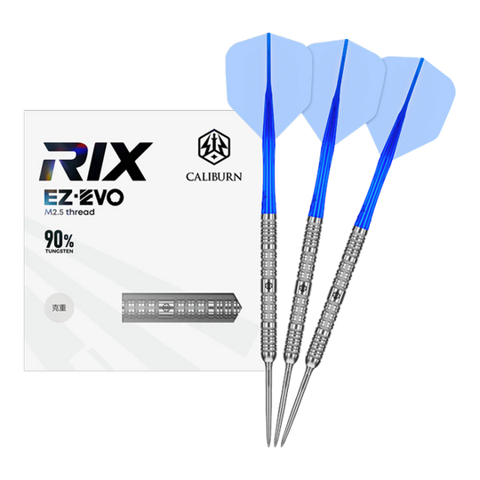 Ocelové šipky Caliburn Rix EZ-EVO R1 Das Bild zeigt das vollständige Set der Caliburn Rix EZ-EVO R1 Steeldarts. Es handelt sich um professionelle Steeldarts für ambitionierte Spieler.