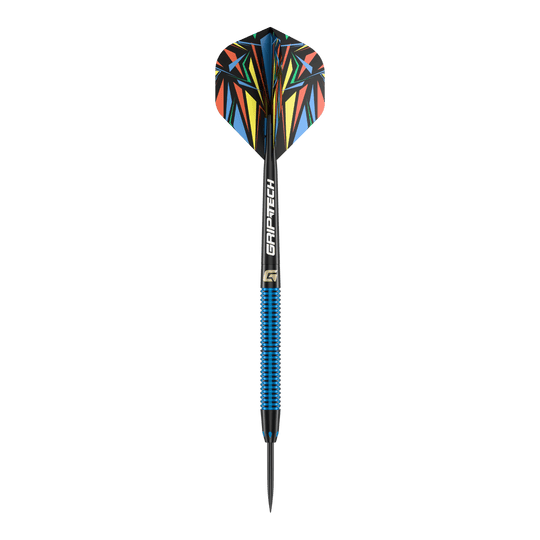 GOAT Athlete Blue Brass Steeldarts - 12g Das Bild zeigt einen Steeldart mit blauem Griff und der Aufschrift "GRIP-TECH". Die Flights haben ein buntes, geometrisches Muster.