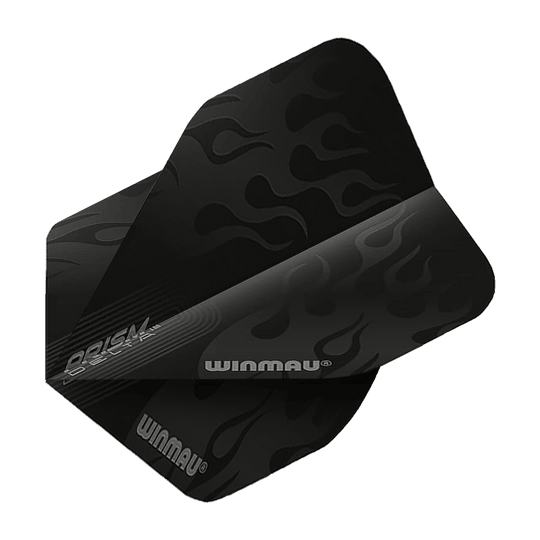 6915-202_Winmau_Prism_Delta_6915-202_Standard_Flights_2 Das Bild zeigt das Produkt "Winmau Prism Delta 6915.202 Standard Flights". Die Flights sind schwarz mit einem Flammenmuster und dem Winmau-Logo bedruckt.