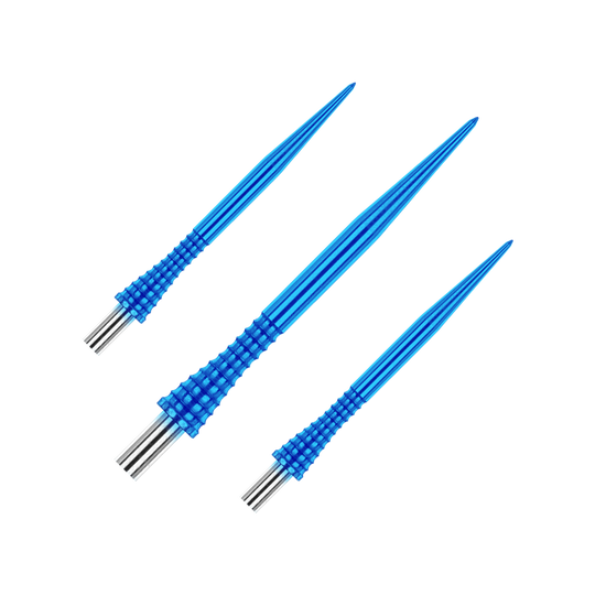Puntas de dardos de acero Red Dragon Raptor Gripped Blue 30mm Das Bild zeigt drei blaue Steeldartspitzen des Produkts "Red Dragon Raptor Gripped" mit einer Länge von 30 mm. Die Spitzen haben ein geriffeltes Griffdesign und silberne Enden.