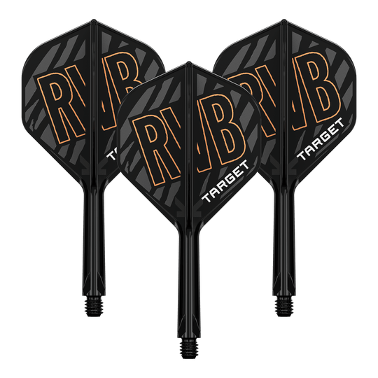 Target K-Flex Raymond Van Barneveld No2 Standard Flight Shaft System Auf dem Bild sind drei schwarze Dart-Flights mit der Aufschrift "RVB" und "TARGET" zu sehen. Die Flights haben ein schwarzes, gestreiftes Design mit orangefarbenen Buchstaben.