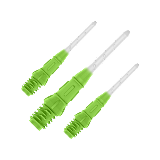 L-Style Premium Two Tone Lippoints (Pack of 30) Das Bild zeigt drei grün-weiße Spitzen für Softdartpfeile. Die Spitzen haben eine geriffelte Struktur im unteren Bereich und verlaufen nach oben hin transparent.
