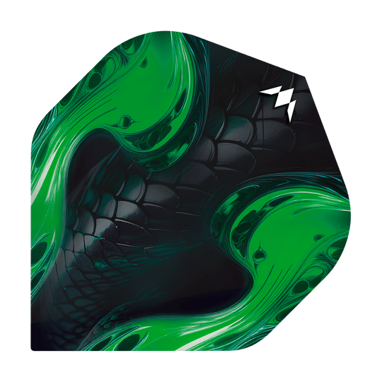 Standardní lety Mission Solo Venom No2 Das Bild zeigt ein Dartflight mit schwarzem, schuppigem Muster und leuchtend grünen Akzenten. In der oberen rechten Ecke befindet sich ein weißes Logo.