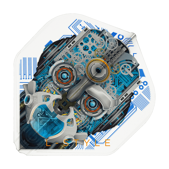 Letenky Berry Van Peer V3 Clear White L1EZ ve stylu L Das Bild zeigt ein Dartflight mit einem detaillierten, mechanischen Roboterkopf auf weißem Hintergrund. Unten ist der Schriftzug "L-STYLE" in orange zu sehen.