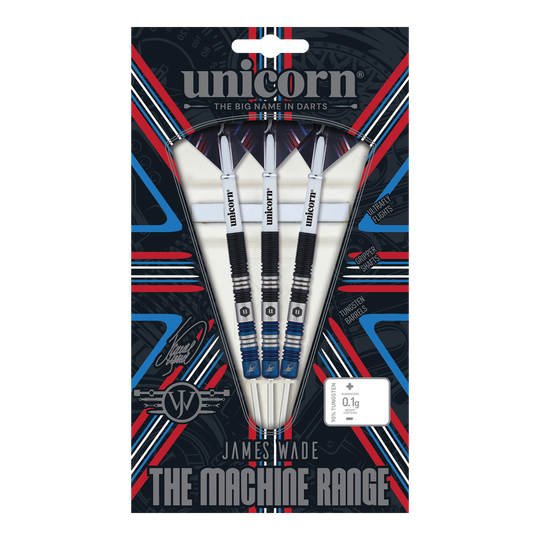Dardos de acero bicolor Unicorn The Machine James Wade Das Bild zeigt eine Packung mit drei Steeldarts der Marke Unicorn aus der "The Machine Range" von James Wade. Die Verpackung ist bunt gestaltet und hebt die Merkmale der Darts wie die Tungsten-Barrels und die spezielle Griffigkeit hervor.