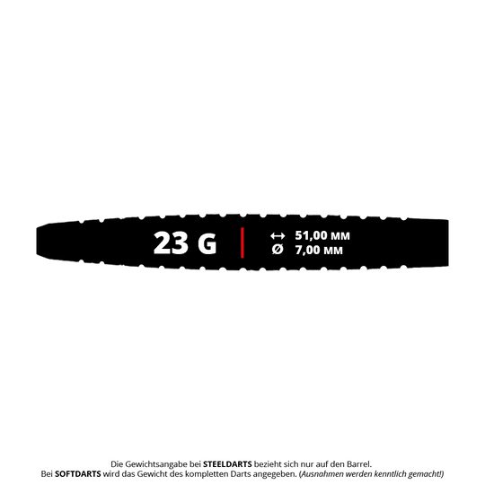 Dardos Dynasty Fallon Sherrock 4 AFlow BK de acero - Con autógrafo - 23 g Das Bild zeigt einen Dart-Barrel mit den Angaben 23 Gramm Gewicht, 51,00 mm Länge und 7,00 mm Durchmesser. Unten steht eine Information, dass sich das Gewicht bei Steeldarts nur auf den Barrel bezieht.