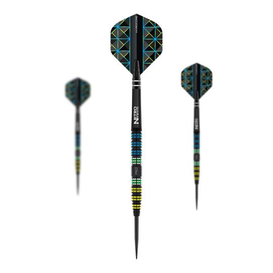 Šipky Red Dragon Dragon 95 černé, zúžené, ocelové Auf dem Bild sind drei Steeldarts des Modells "Red Dragon Dragonfly 95 Black Tapered" zu sehen. Die Darts haben ein schwarzes, bunt gemustertes Design mit farbigen Ringen am Griff und geometrischen Mustern auf den Flights.