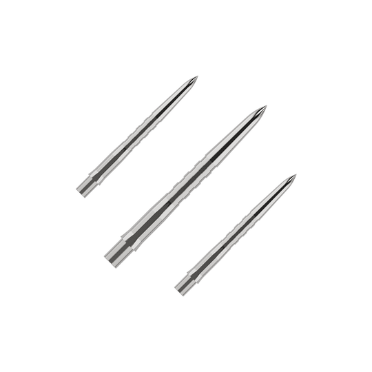 Puntas de dardos Mission Caliburn EVO - Ranuradas - Plateadas Das Bild zeigt drei silberne, gerillte Spitzen für Steeldarts. Sie liegen nebeneinander auf einem grünen Hintergrund.