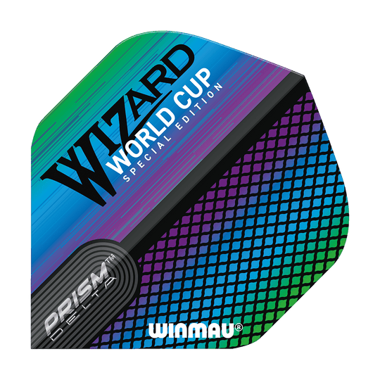 6915-253_Winmau_Prism_Delta_Wizard_Rainbow_Standard_Flights_1UnkdsK9FG6KHP Das Bild zeigt das Produkt 'Winmau Prism Delta Wizard Rainbow Standard Flights'. Die Dart-Flights haben ein farbenfrohes, regenbogenartiges Design und den Aufdruck "Wizard World Cup Special Edition".
