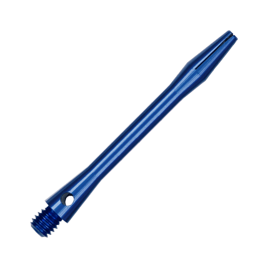 514_Aluminium_Shafts_Blau_46mm_2 Das Bild zeigt einen blauen Aluminiumschaft mit einem Gewinde an einem Ende. Der Schaft ist schmal und hat eine glänzende, metallische Oberfläche.