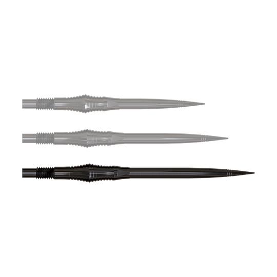 Dartspitzen der Spire Black Elite Serie in 40mm Länge werden gezeigt. Sie sind dunkel und lang.