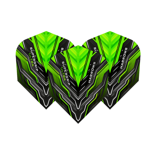 HR11_Harrows_Supergrip_Ultra_Green_Standard_Flights_1FVdoh6L0Plpu7 Harrows Supergrip Ultra Green Standard Flights in prominenter Anordnung. Die Details des Sets sind klar sichtbar.