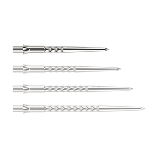 Puntas de dardos de acero Caliburn System - Ondulación - Sin labio - Plateadas Abgebildet ist eine silberne Steeldartspitze des Typs Ripple NoLip mit 28mm Länge. Die Spitze liegt frontal auf einer hellen Fläche.