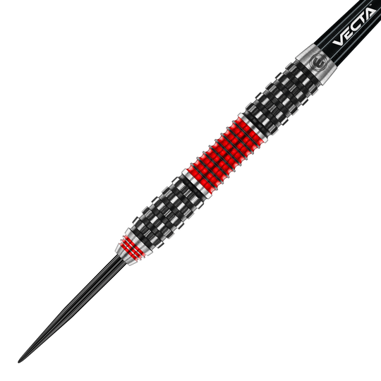 Šipky Winmau Joe Cullen Rockstar Series RS1 ocelové Auf dem Bild ist der Winmau Joe Cullen Rockstar Series RS1 Steeldart zu sehen. Der Dart hat ein schwarzes und rotes Griffmuster mit metallischen Akzenten.
