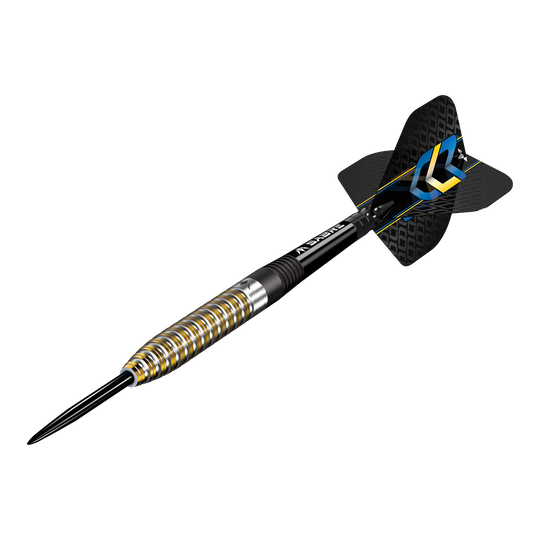 Mission Oskar Lukasiak Black Gold PVD Steeldarts - 22g Das Bild zeigt einen Steeldart, der "Mission Oskar Lukasiak Black Gold PVD Steeldarts - 22g" heißt. Der Dart hat ein schwarz-goldenes Design mit modernen Rillen und einem schwarzen Flight.