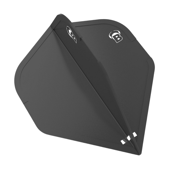 BL50001_Bulls_DragonFlights_Standard_Schwarz_1 Das Bild zeigt das Produkt "Bulls DragonFlights Standard". Es handelt sich um ein schwarzes Dartflight mit dem weißen Bulls-Logo.