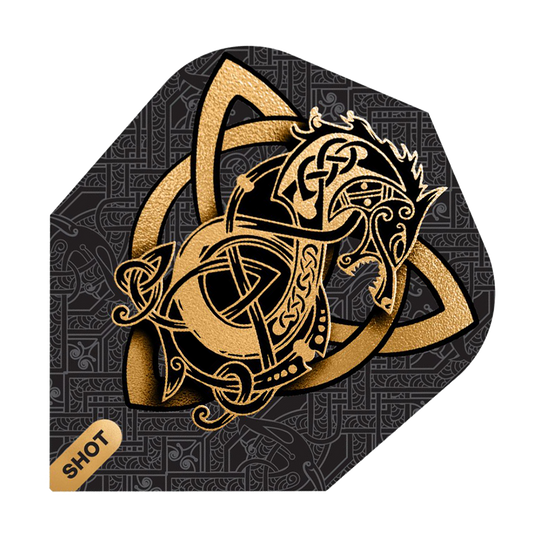 Vuelos de Shot Viking Wolf No. 6 Das Bild zeigt das Produkt "Shot Viking Wolf No6 Flights" mit einem goldenen Wikinger-Wolf Design auf schwarzem Hintergrund. Im Hintergrund sind feine, keltische Muster zu sehen und unten links steht das Wort "SHOT".