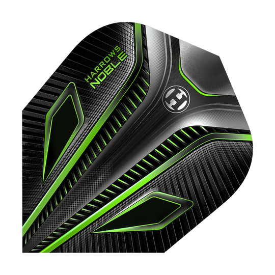 HR8_Harrows_Noble_Green_Standard_Flights_1NHftIOS72ZYpN Dies ist ein Harrows Noble Green Standard Flight für Dartpfeile. Das Design ist schwarz mit auffälligen grünen Akzenten und modernen Mustern.