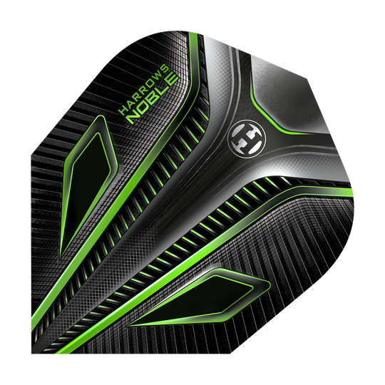 HR8_Harrows_Noble_Green_Standard_Flights_1NHftIOS72ZYpN Harrows Noble Standard Flights mit klarem Emblemmotiv. Sie liegen in einer Reihe und wirken hochwertig.