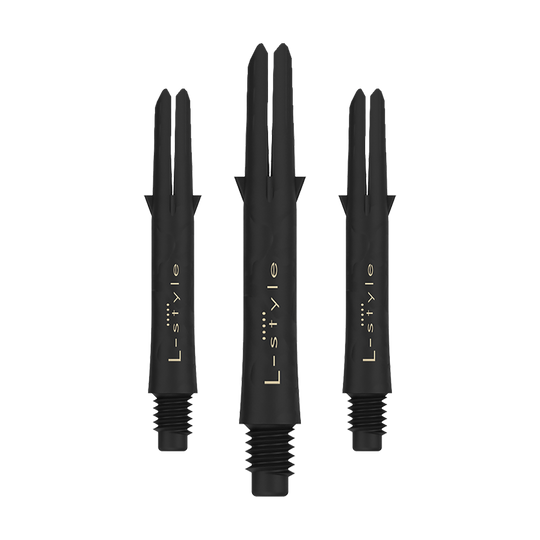 Das Bild zeigt drei schwarze L-Style Carbon Shafts für Darts ohne Kappen. Auf den Schäften steht in goldener Schrift das Wort "L-style".
